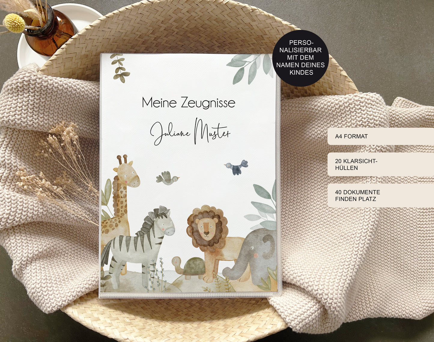 Zeugnismappe "Safari" personalisiert / Sammelmappe Schule Einschulung