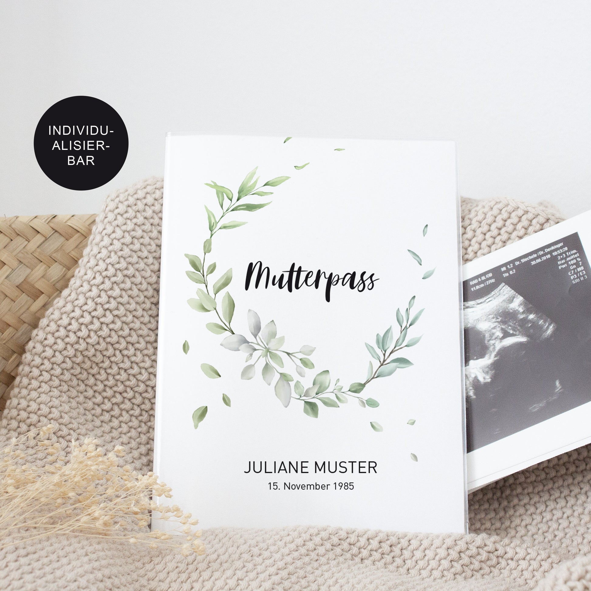 Mutterpass Hülle Eukalyptus personalisiert mit Namen – Ultraschallbild – Geschenk