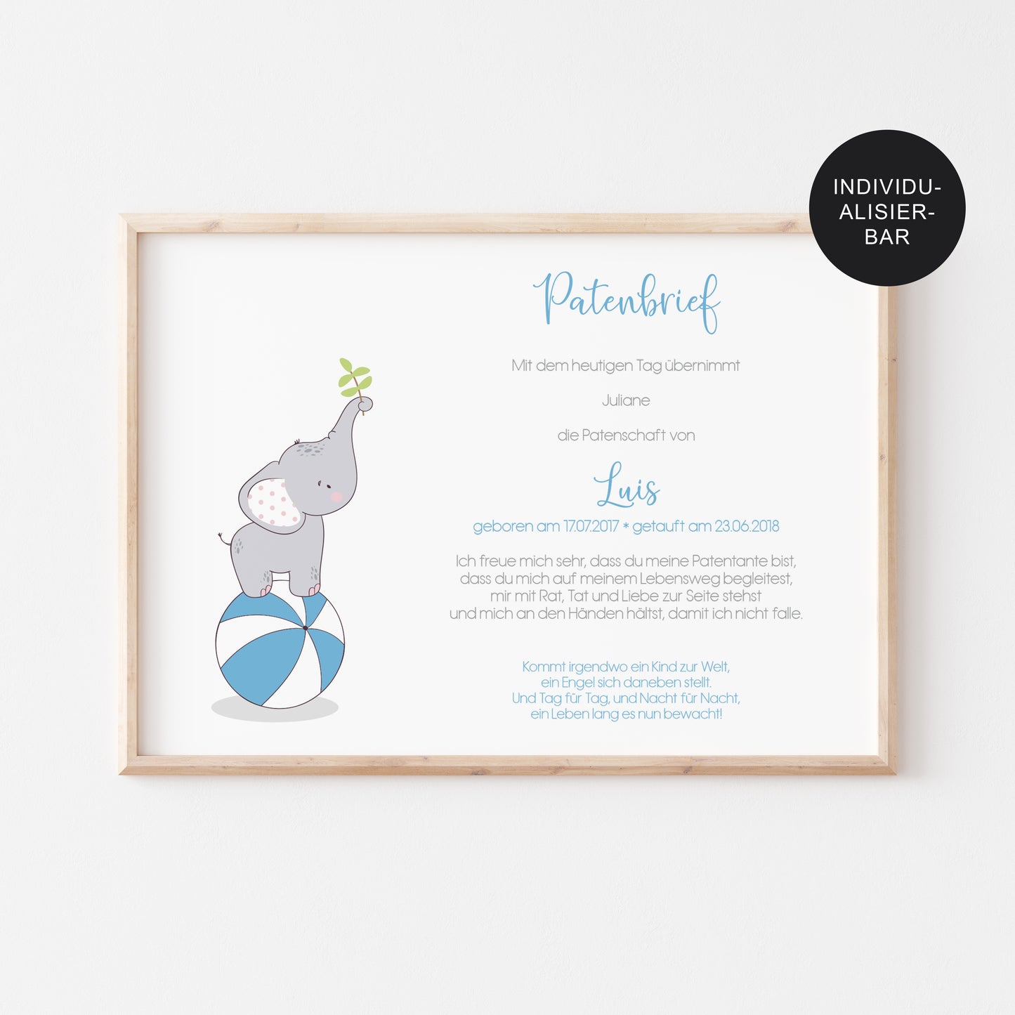 Patenbrief personalisiert Elefant – Patenurkunde als Taufgeschenk