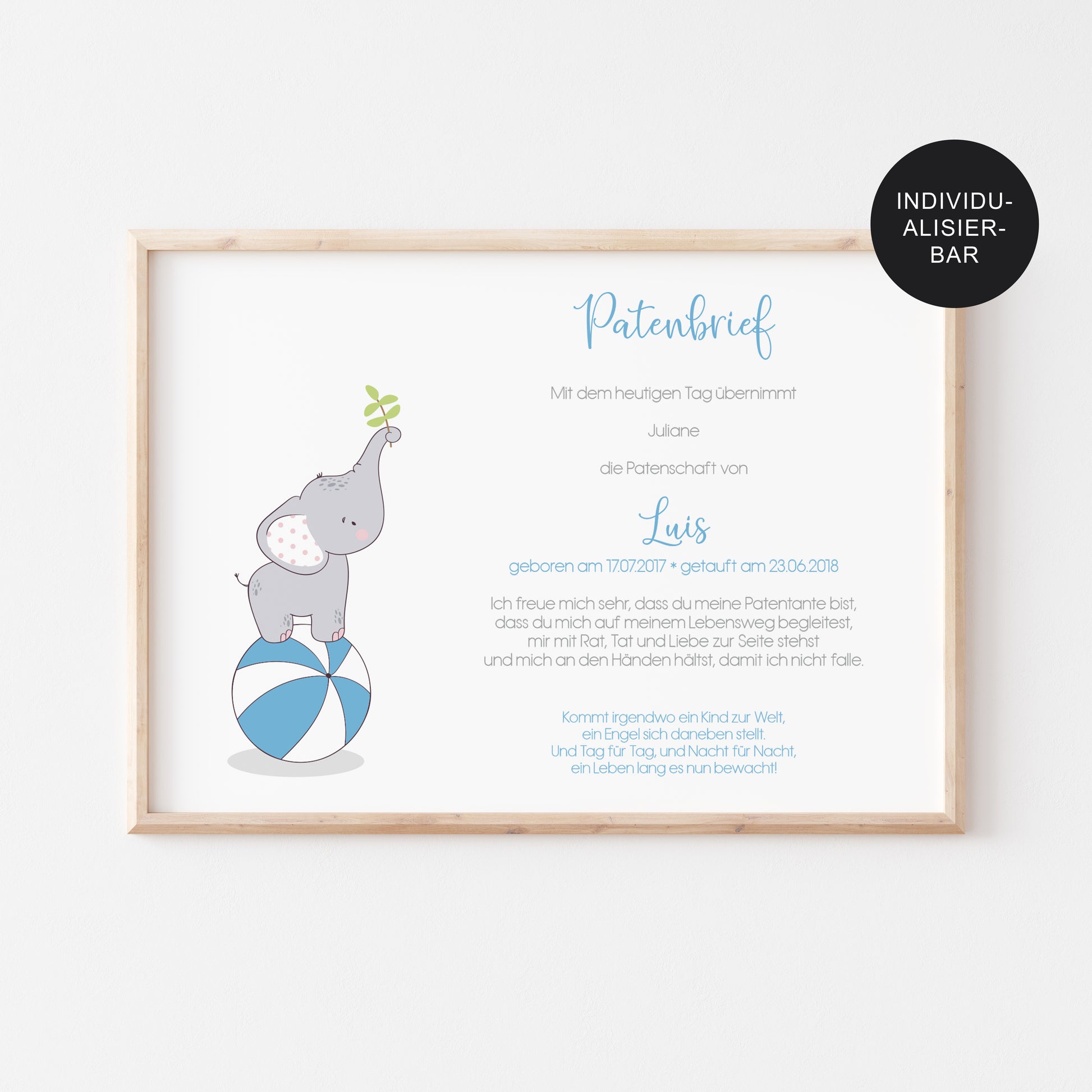 Patenbrief personalisiert Elefant – Patenurkunde als Taufgeschenk