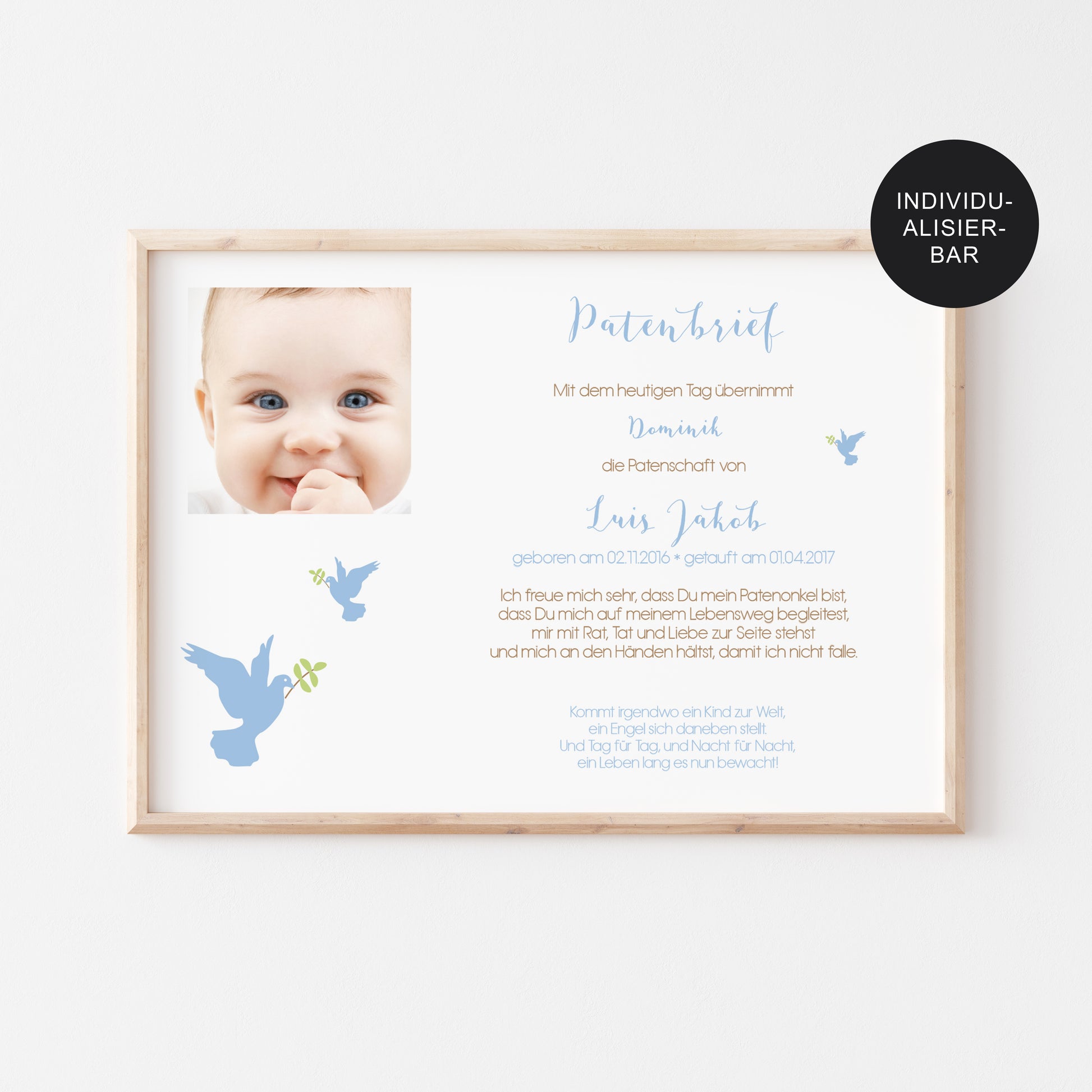 Patenurkunde Tauben personalisiert an die Patentante – Geschenk Taufe