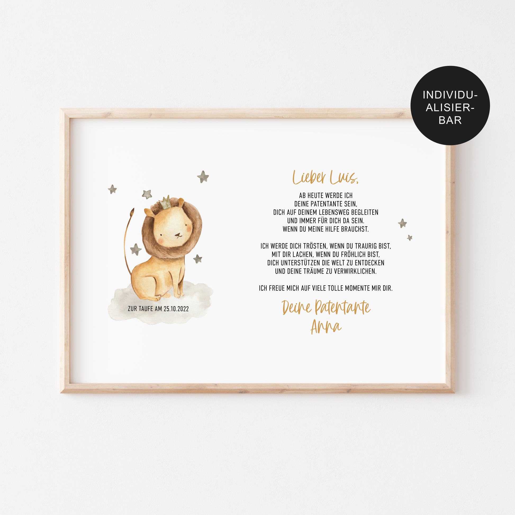 Geschenk Patenkind – Patenbrief "Löwe" – personalisierte Patenurkunde Taufe