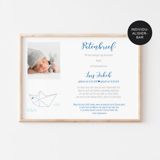 Patenbrief personalisiert Papierschiff Taufe – Taufgeschenk Patenonkel