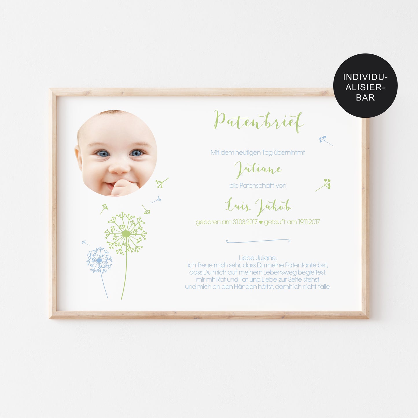 Patenurkunde – Patenbrief Blume personalisiert Geschenk zur Taufe