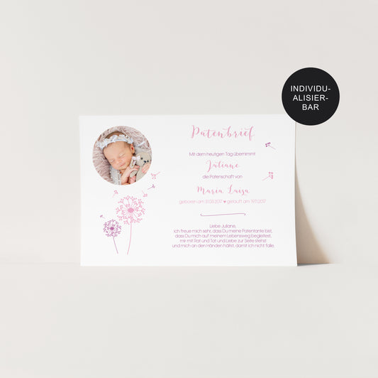Patenbrief Pusteblume personalisiert Geschenk Taufe an Pate – Patenkind