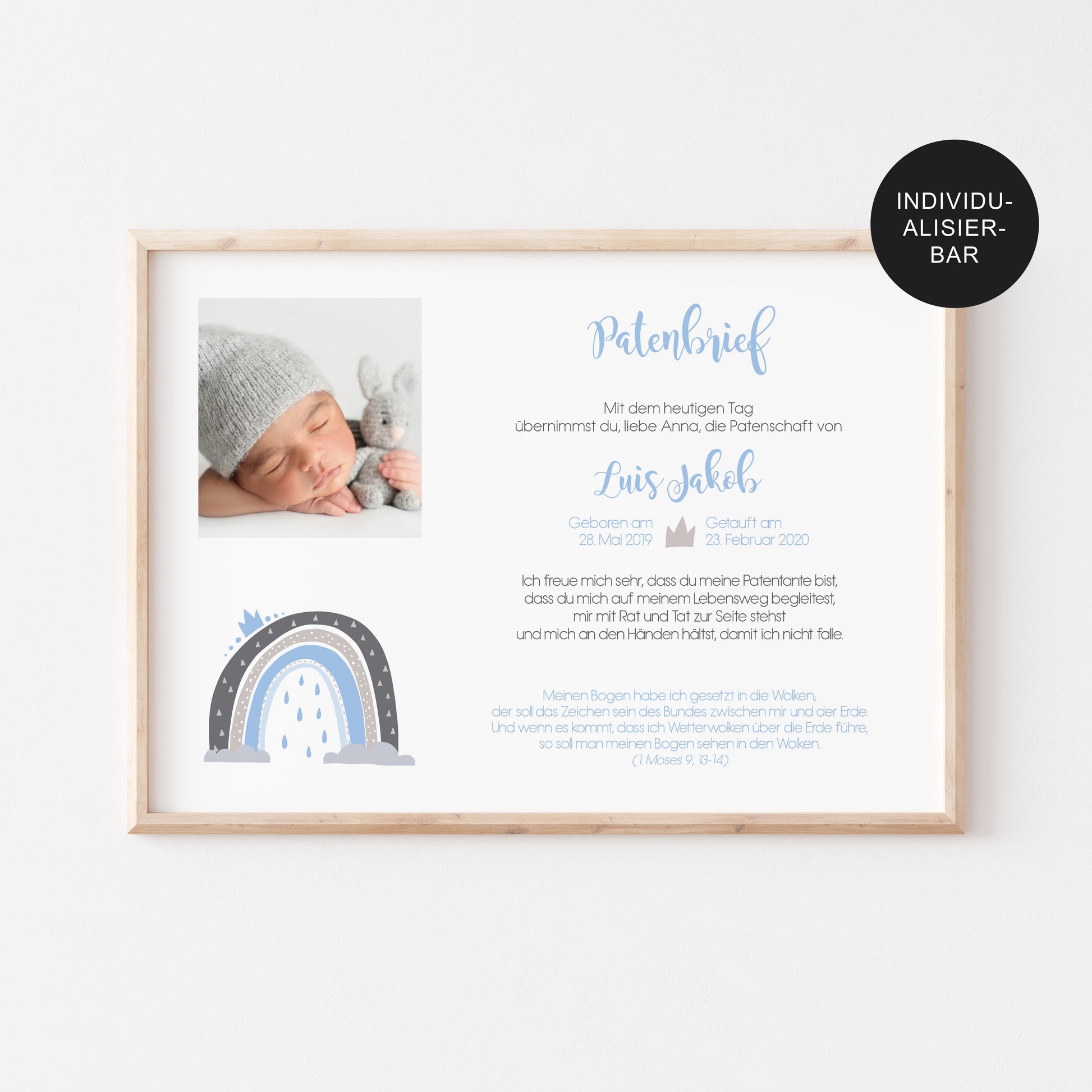 Patenbrief Regenbogen personalisiert mit Bild – Taufgeschenk Paten