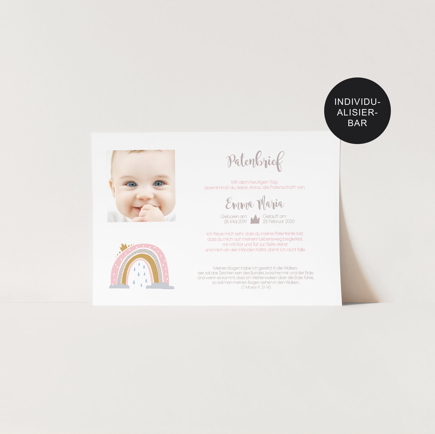 Patenbrief Regenbogen personalisiert als Taufgeschenk an die Paten