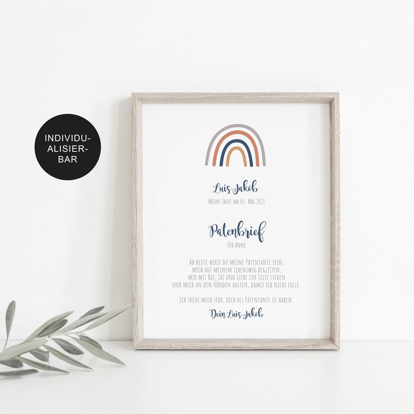 Patenurkunde – Patenbrief personalisiert Regenbogen – Geschenk Taufe