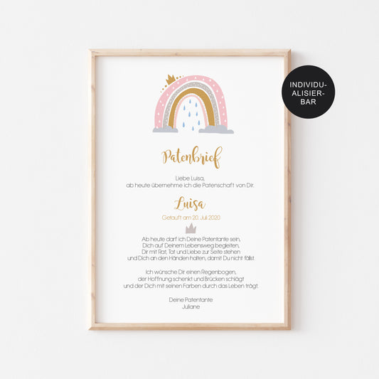 Patenbrief Regenbogen personalisiert an Patenkind als Geschenk Taufe