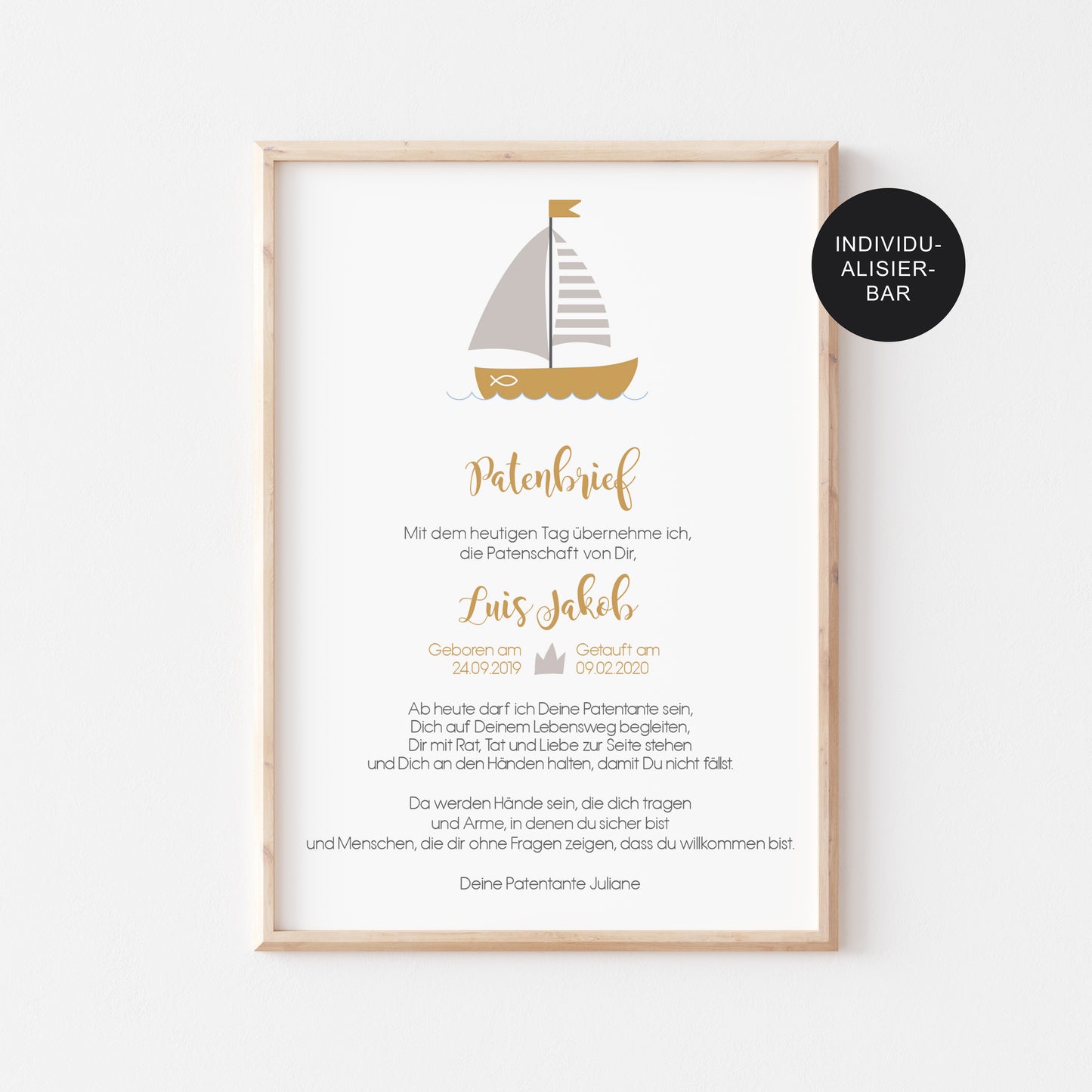 Patenbrief – Patenurkunde Schiff personalisiert für das Patenkind – Taufgeschenk