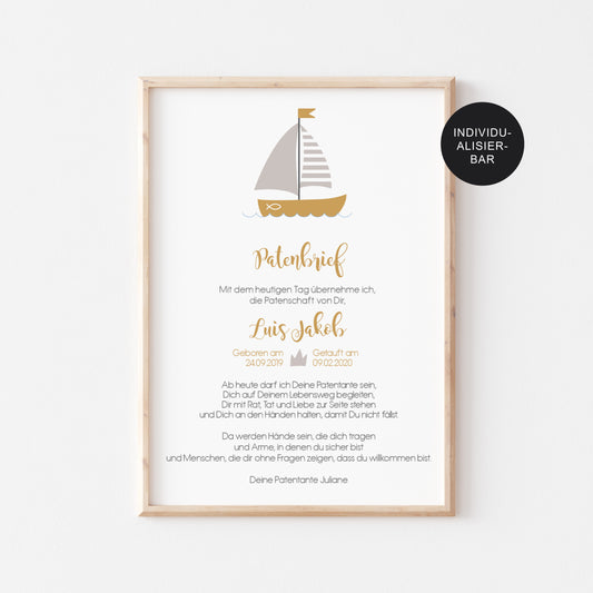 Patenbrief – Patenurkunde Schiff personalisiert für das Patenkind – Taufgeschenk