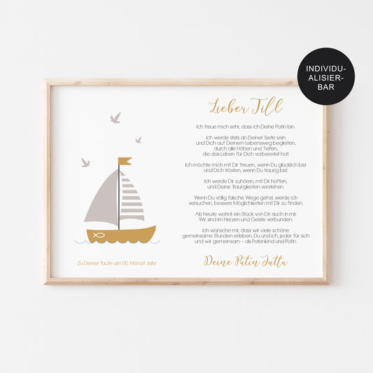 Patenbrief Schiff personalisiert. Geschenk an das Patenkind zur Taufe