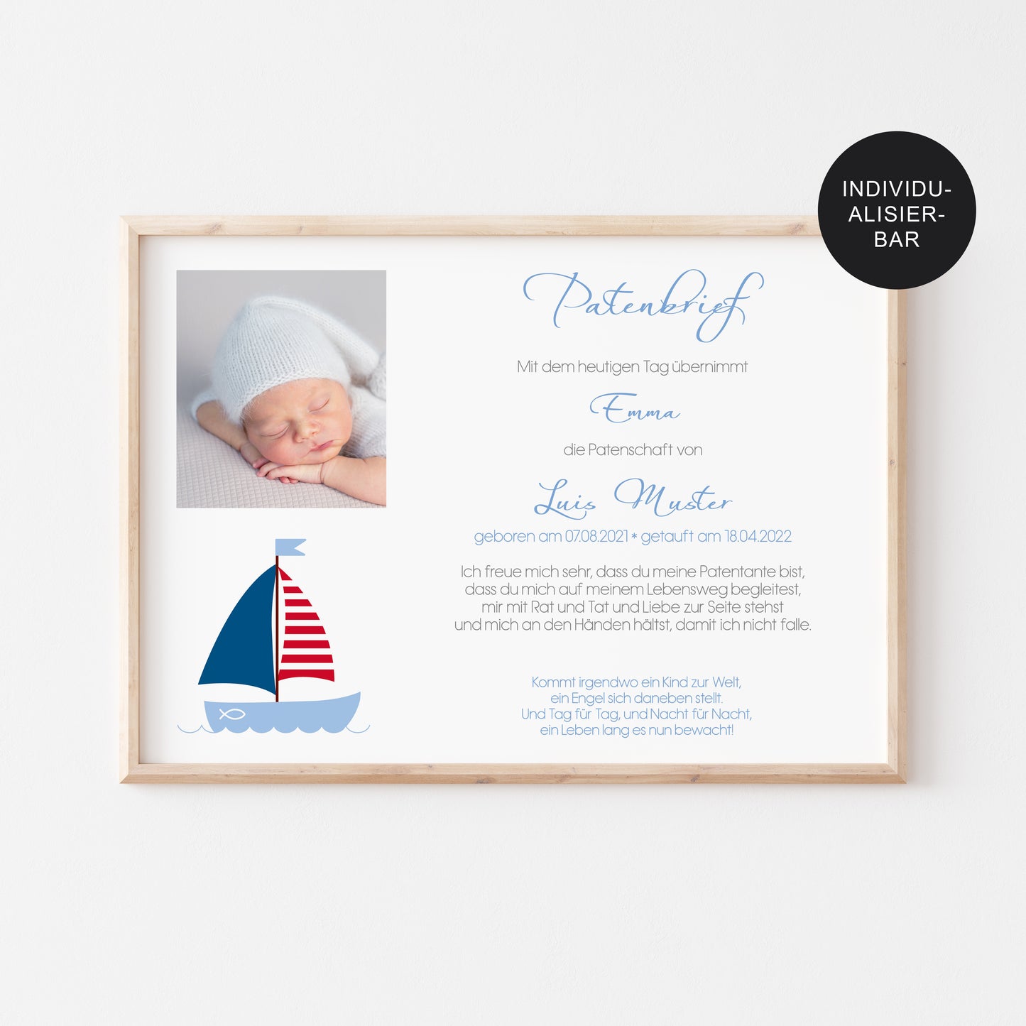 Patenbrief Schiff personalisiertes Taufgeschenk – Patenurkunde Junge