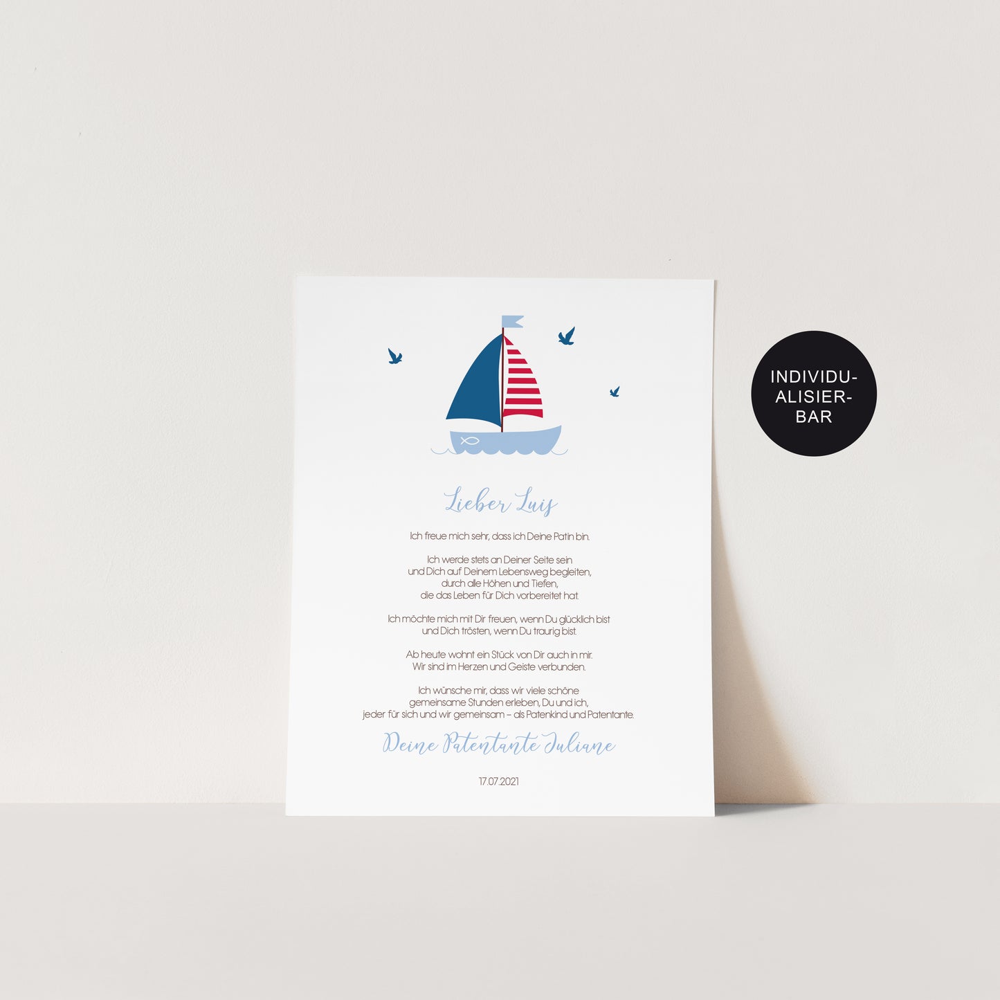 Patenbrief Schiff personalisiert – Geschenk zur Taufe an das Patenkind