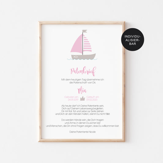 Patenbrief Schiff personalisiert – Geschenk zur Taufe an das Patenkind