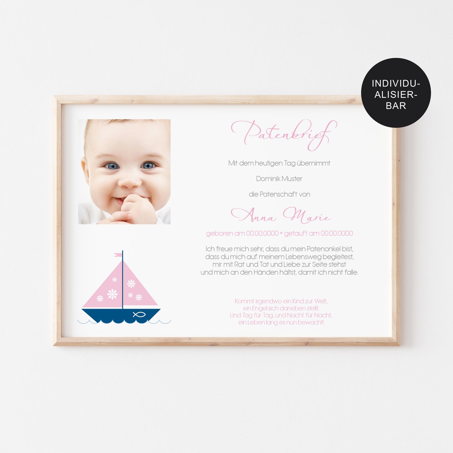 Patenbrief personalisiert Geschenk Taufe Schiff an die Patentante