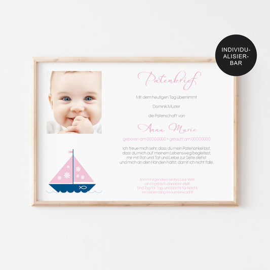 Patenbrief personalisiert Geschenk Taufe Schiff an die Patentante