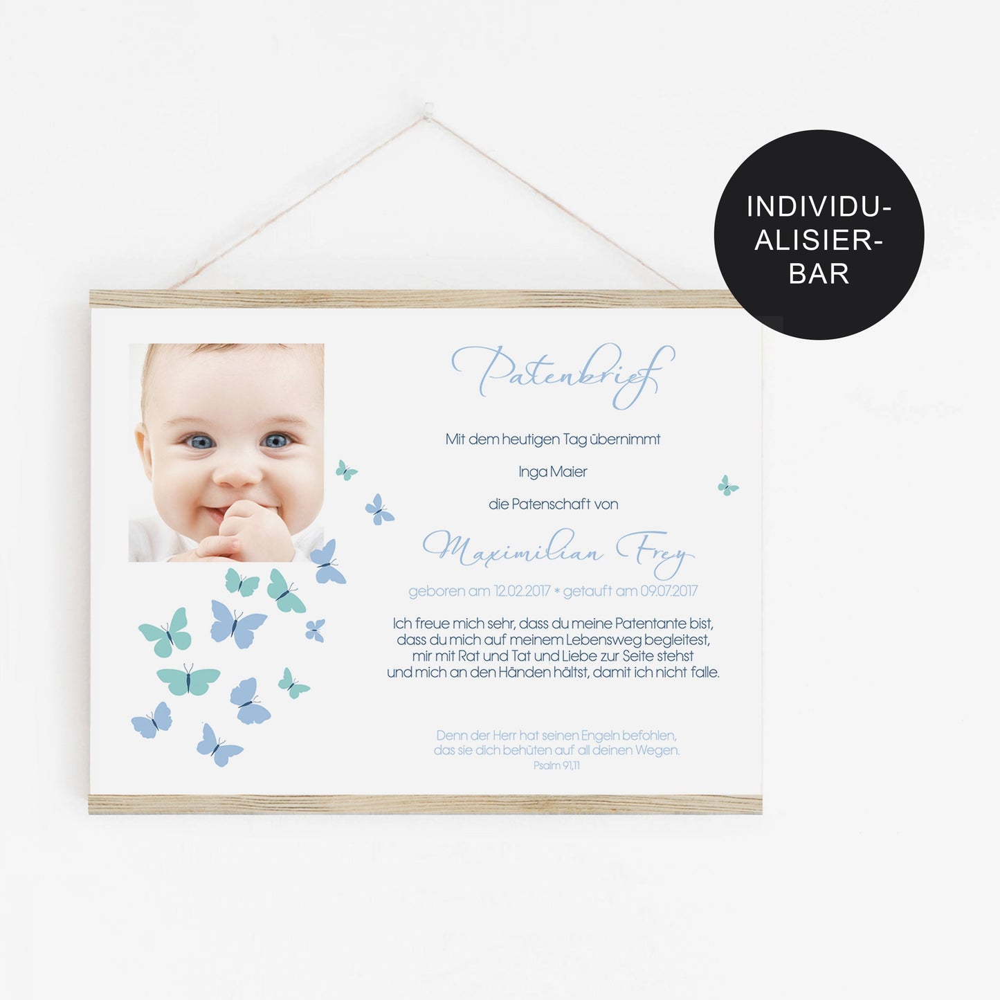 Geschenk Taufbrief personalisiert an das Patenkind – Schmetterlinge