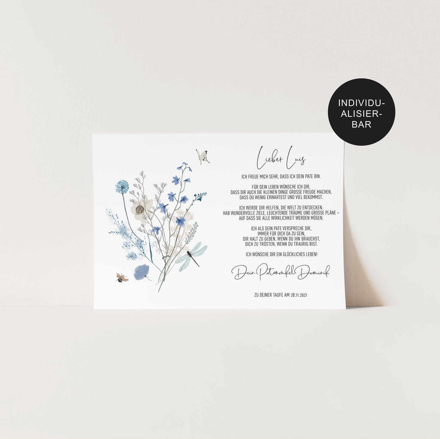 Patenbrief Wiesenblumen personalisiert Taufgeschenk an das Patenkind
