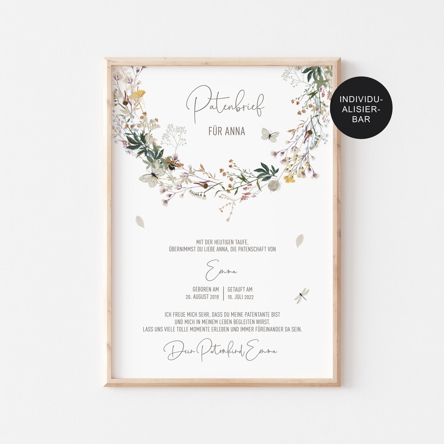 Patenbrief Patentante personalisiert mit Wiesenblumen als Taufgeschenk