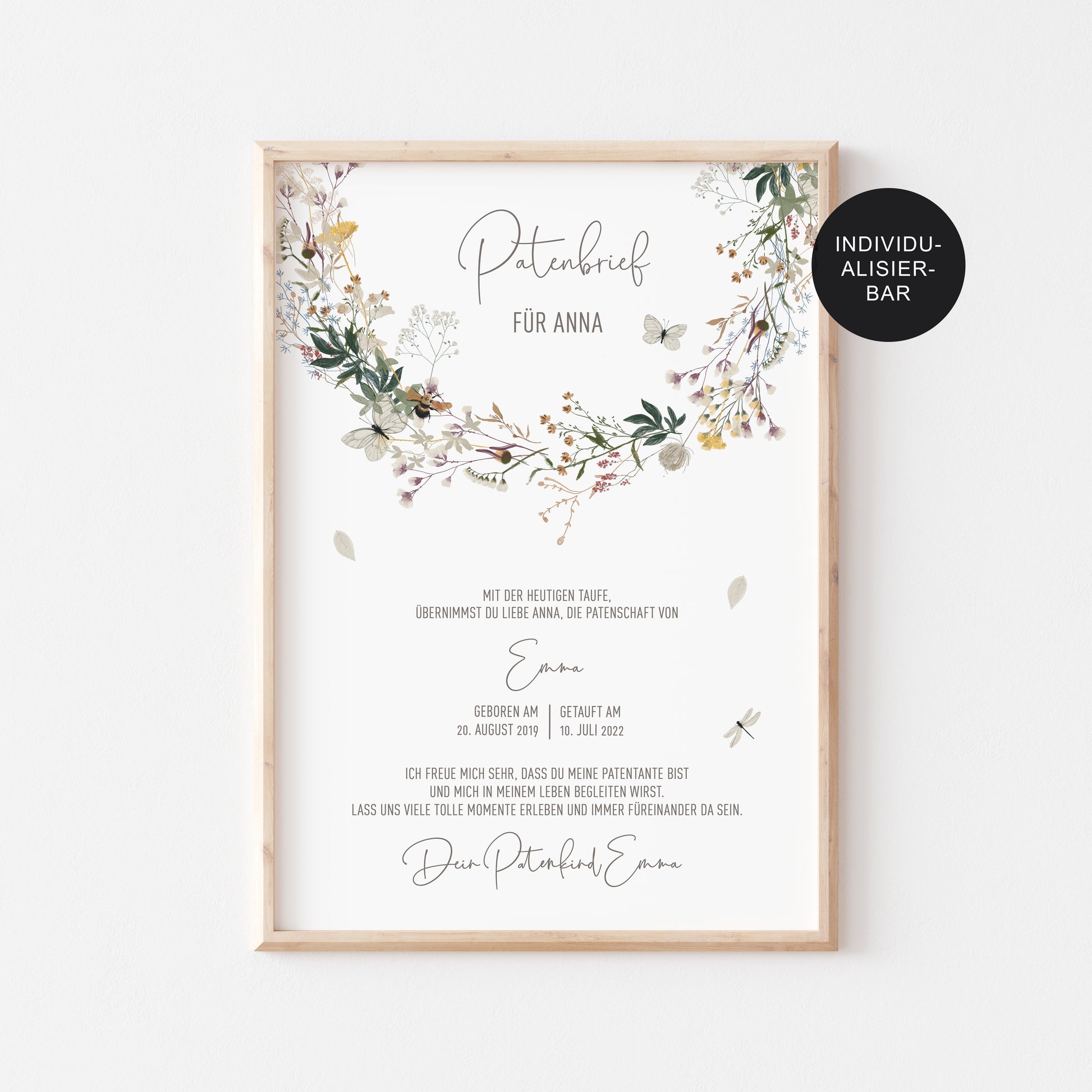 Patenbrief Patentante personalisiert mit Wiesenblumen als Taufgeschenk