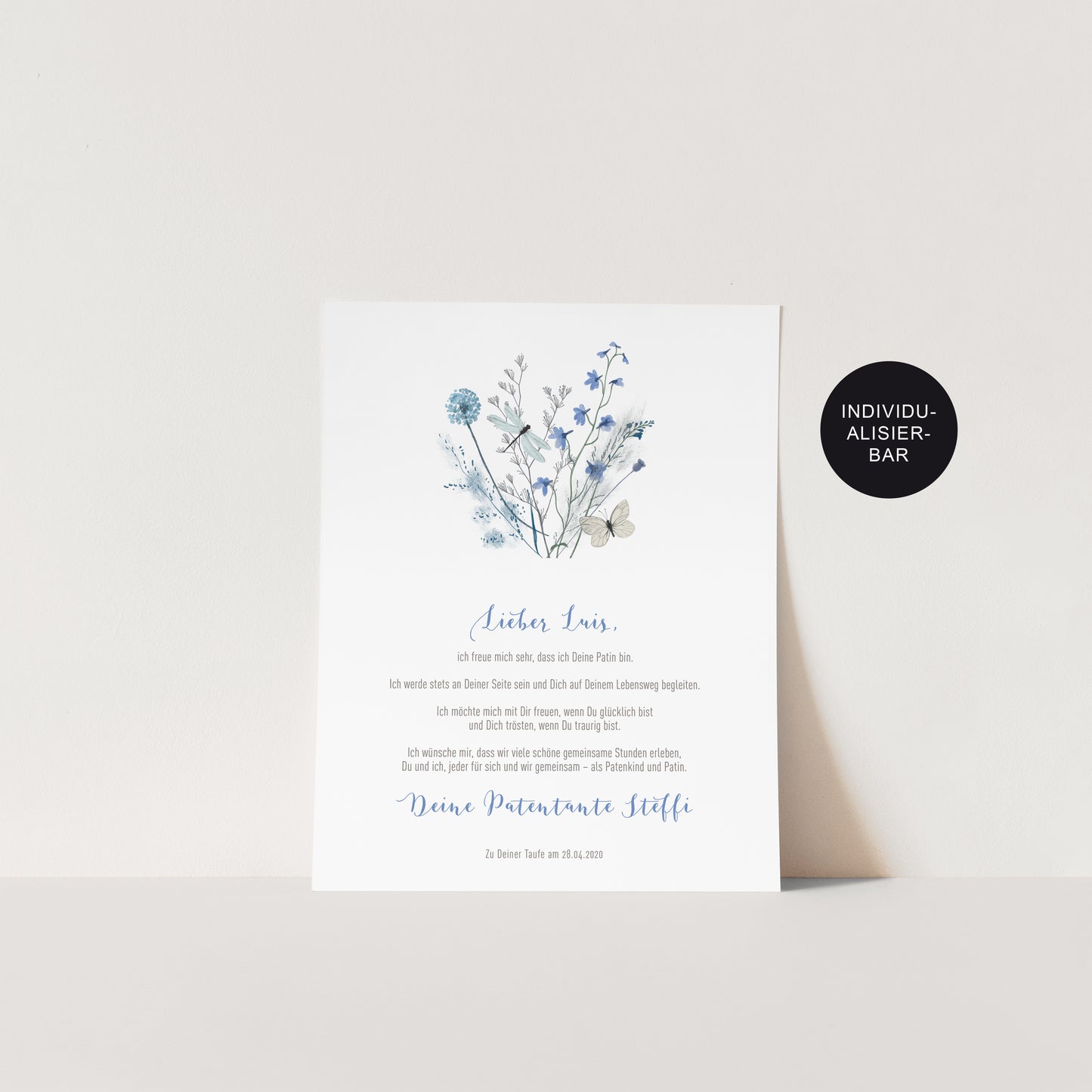 Taufbrief blaue Wiesenblumen personalisiert als Taufgeschenk an das Patenkind