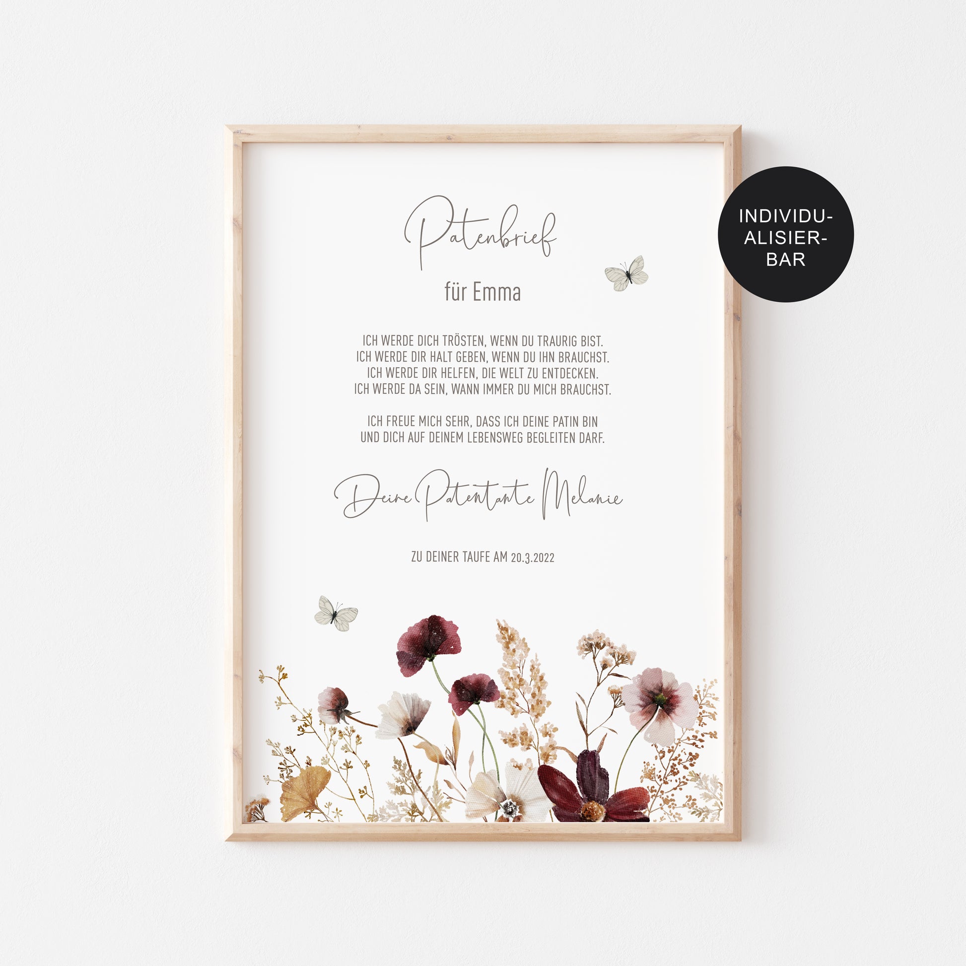 Taufgeschenk – Patenbrief Patenkind Wildblumen personalisiert – Patenurkunde