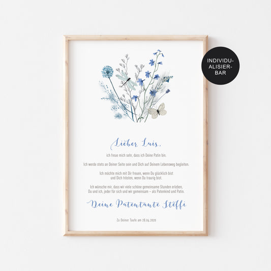Taufbrief blaue Wiesenblumen personalisiert als Taufgeschenk an das Patenkind