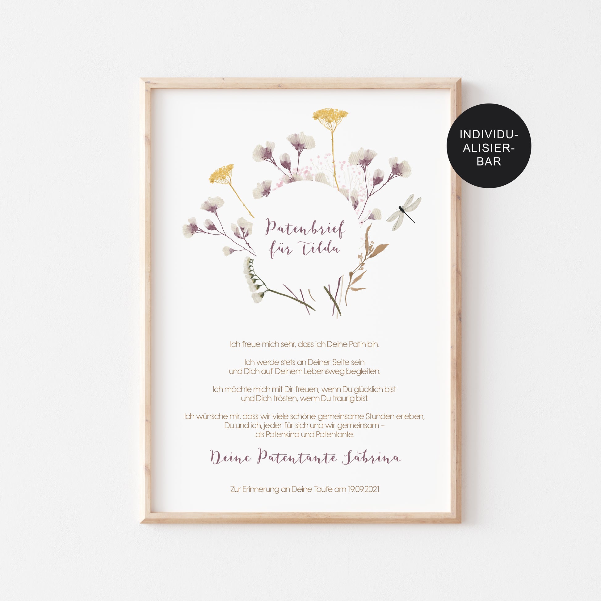 Patenurkunde Wiesenblumen personalisiert – Patenbrief Patenkind Taufe
