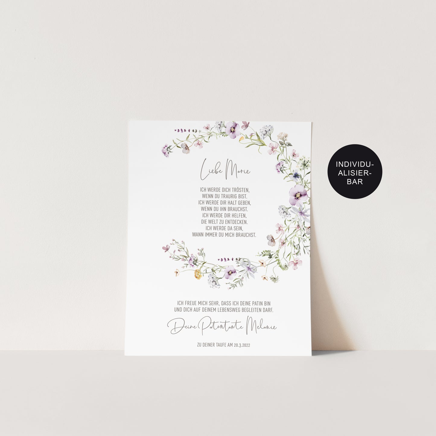 Patenbrief Wiesenblumenkranz personalisiert – Geschenk Taufe Firmung