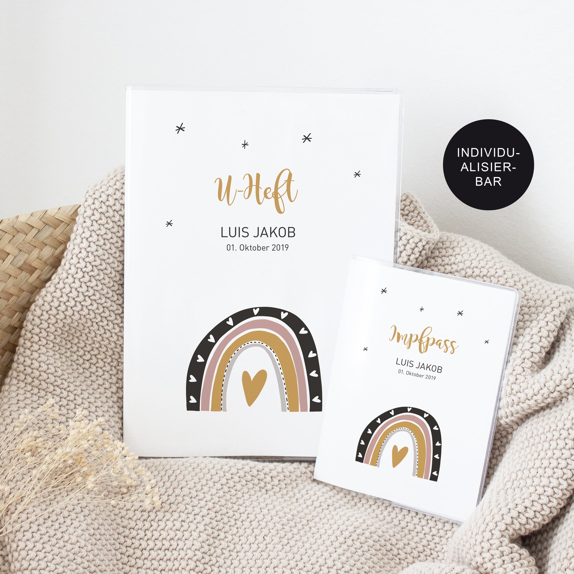 Hülle U-Heft personalisiert Regenbogen – Geschenk Junge Geburt