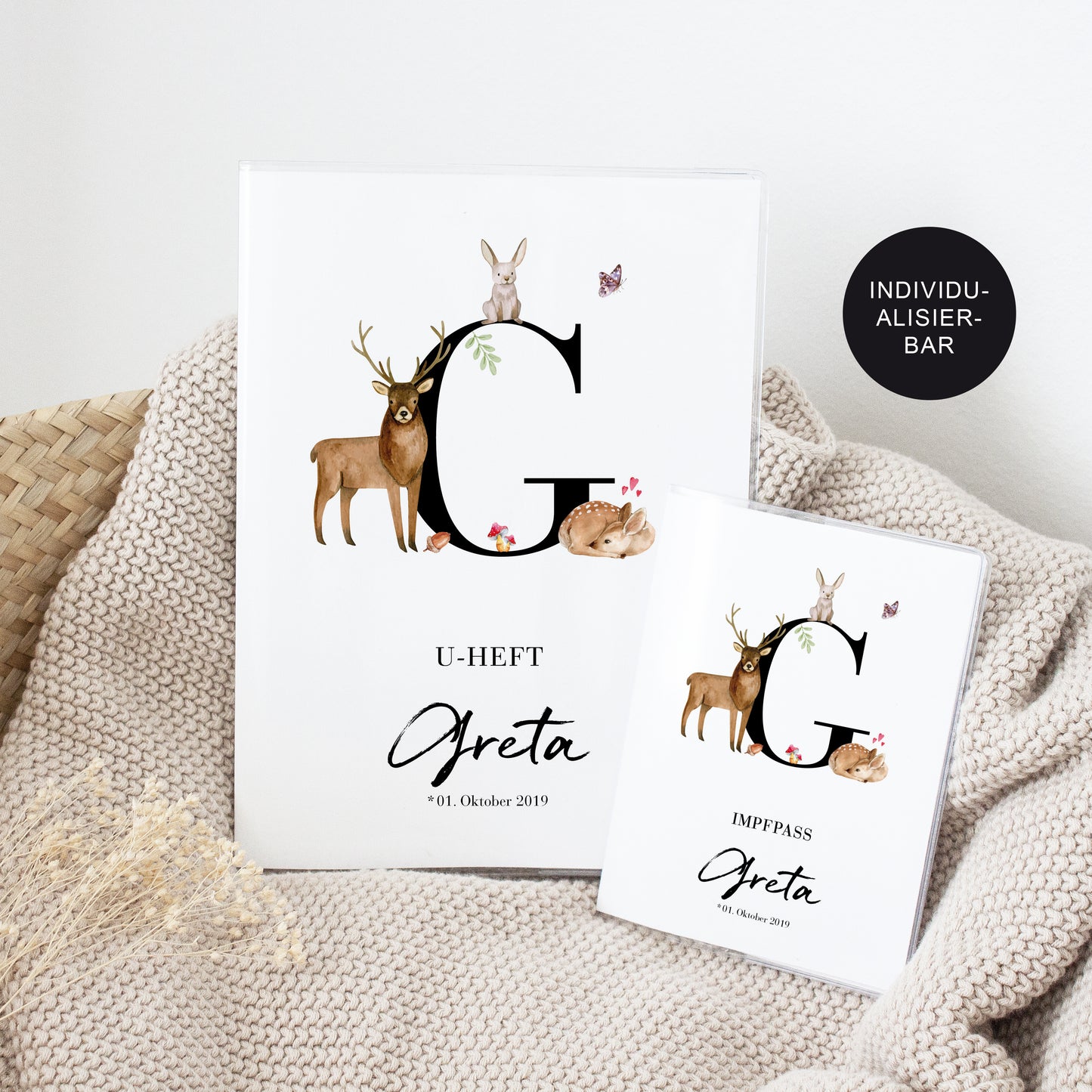 U-Heft und Impfpass Hülle personalisiert Waldtiere – Geburtsgeschenk